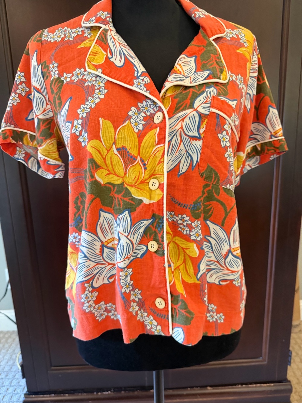 Faherty Orange Floral Short-Sleeve Button-Down Shirt